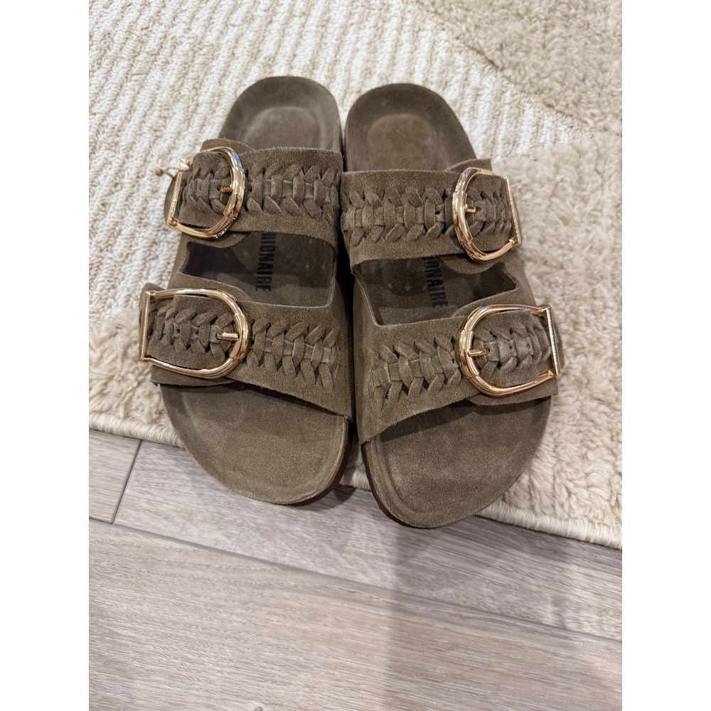 Cushionaire Lane Olive Green Suede Braided Buckle Cork Footbed Sandals Womens 8
